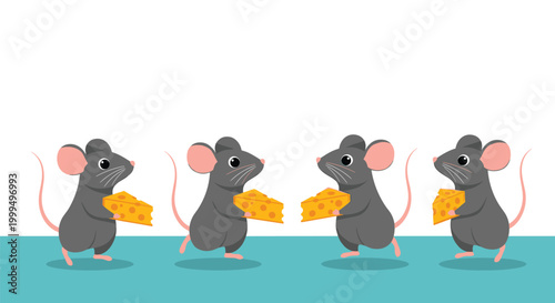 Row of four grey mice walking in a line while each one carries a large wedge of yellow cheese with holes.