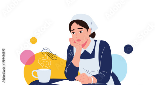 Sad young waitress or maid wearing a blue uniform and white apron leaning on her hand with a cup of coffee nearby.