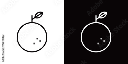 葉付きのオレンジのラインアイコン。白い線と黒い線のモノクロベクターイラストセット