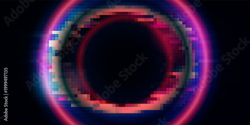 Glitch frame ring with bug distortion and cyan red digital artifacts for futuristic interface. Circular border with noise lines and data corruption effects. Cyberpunk design for tech game overlays.