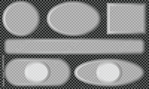 Glassmorphism UI elements set, frosted glass buttons and translucent frames, realistic transparent plastic shapes for web interface design