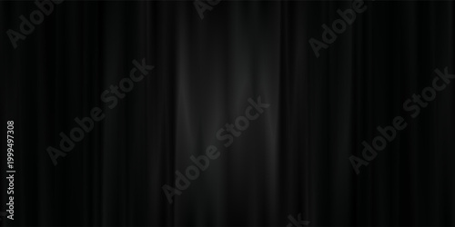 Black velvet curtain background. Closed curtains backdrop for theater stage, cinema, silent movie screen. Noir horror drapery wallpaper for award, show, performance. Vector old Hollywood scene concept