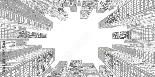 Black and white line art illustration of tall modern city skyscrapers looking up