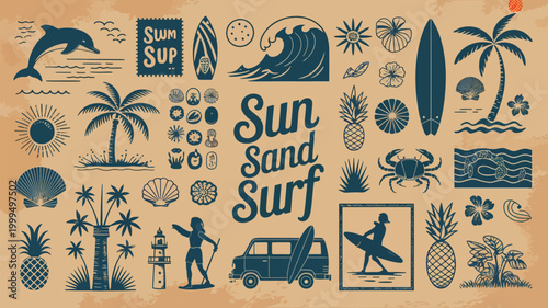 A vibrant summer collection featuring surfboards palm trees and ocean life illustrations
