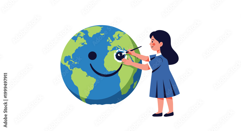 Fototapeta premium Little girl painting a happy smiling face on a cartoon globe of the earth to represent environmental awareness and care.