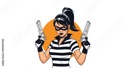 Powerful female bandit or secret agent character wearing a mask and holding two pistols while standing in front of an orange sun.