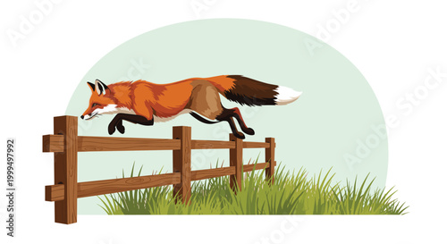 Swift red fox leaping gracefully over a wooden fence in a green grassy meadow under a soft blue circular background frame.