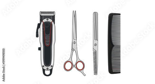 Collection of professional hair cutting tools including electric clippers scissors thinning shears and a black comb.