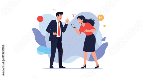 Business man and woman in formal attire arguing and gesturing angrily during a heated discussion in a modern office setting.