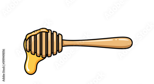 Wooden honey dipper with golden sweet honey dripping from the end isolated on a white background for food design concepts.
