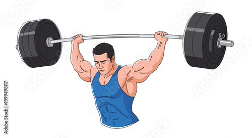 Strong male athlete lifting a heavy barbell over his head during a weightlifting workout session in a flat vector art style.
