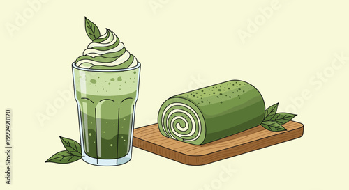 Healthy green matcha latte in a tall glass paired with a matcha cream swiss roll cake on a wooden tray with tea leaves.