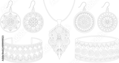 Handcrafted Bohemian Jewelry Set with Mandala Pattern Earrings, Leaf Pendant Necklace, and Decorative Bangles in Black and White Line Art for Fashion Designs