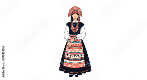 Elegant woman wearing traditional Eastern European folk costume with intricate embroidery and a distinctive headdress design.