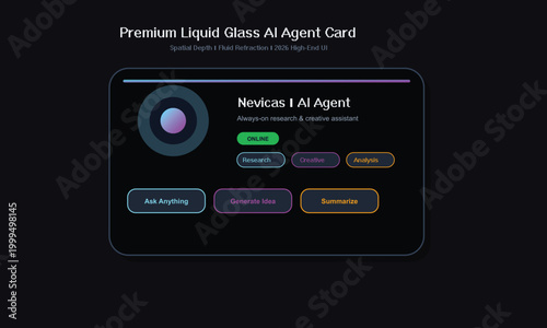 Premium Liquid Glass AI Agent Card, Futuristic Interface, Virtual Assistant, AI Technology