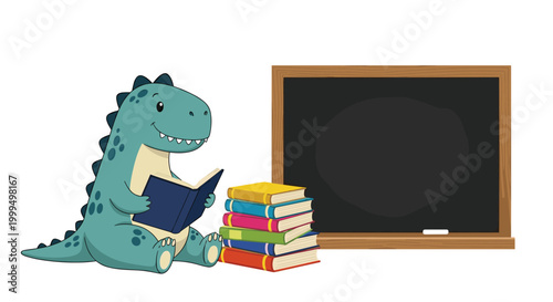 Studious cartoon dinosaur sitting on the floor and reading a book next to a stack of books and a blank school chalkboard.