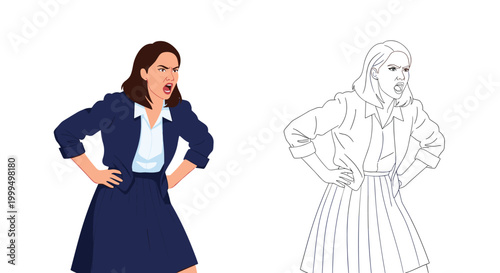 Frustrated business woman in a navy suit standing with her hands on her hips and shouting in anger against a white background.