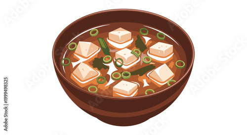 Illustration of a brown bowl filled with traditional Japanese miso soup, featuring tofu cubes and green onions, on a white background