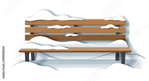 Illustration of a wooden bench partially covered with snow, set against a white background, highlighting winters serene beauty