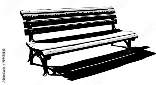 Minimalist black and white illustration of a snow-covered bench casting a shadow on a white background, evoking a serene winter atmosphere