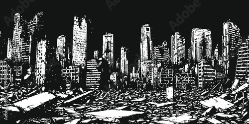 Black and white illustration of a destroyed city skyline with ruins and rubble
