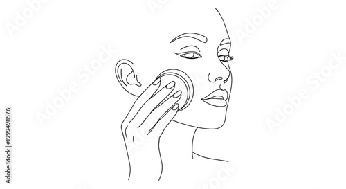 Minimalist line drawing of a woman gently removing makeup with a cotton pad, focusing on facial contours and elegance, set against a white background