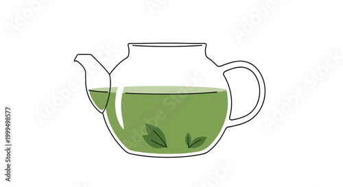 Illustration of herbal tea in a transparent glass pot with green leaves, minimalist design on white background