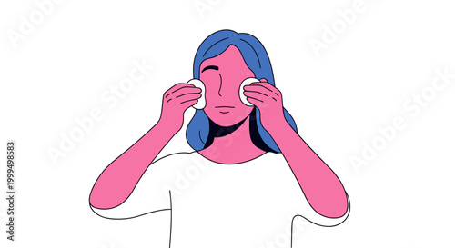 Illustration of a woman with blue hair removing makeup using cotton pads, minimalistic style with white background and vibrant colors