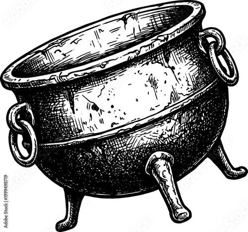 Perspective view of an empty cast iron cauldron in vintage engraving style
