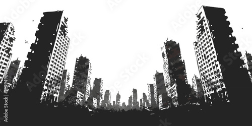 Black and white silhouette illustration of a modern city skyline with tall skyscrapers
