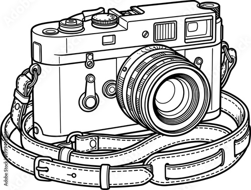 Retro rangefinder camera with leather neck strap engraving
