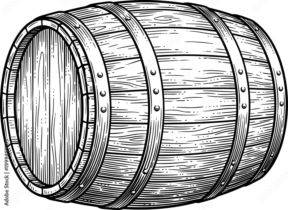 Obraz premium Side view of horizontal wooden wine barrel illustration
