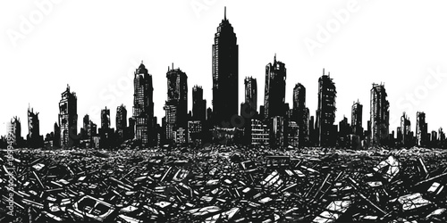 Black and white silhouette of a destroyed city skyline with building ruins and debris