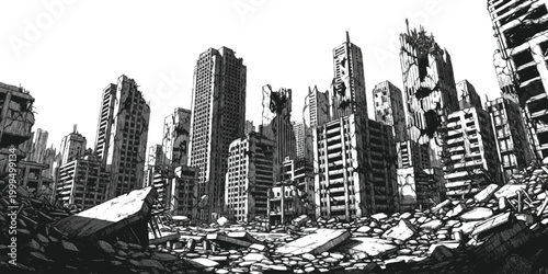 Ruined city buildings with rubble in a post apocalyptic landscape black and white illustration