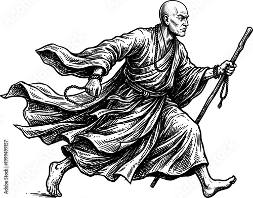 Shaolin monk running with wooden staff and prayer beads
