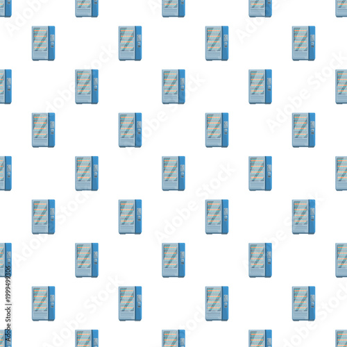Repeating vending machine pattern offering snacks and drinks on a white background