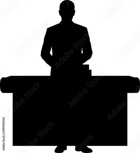 Silhouette of a man standing behind a reception desk or counter