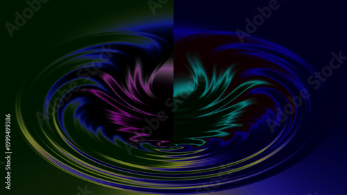 Abstract optical illusion with swirling green purple blue symmetrical circular vortex motion depth fluid energy pattern