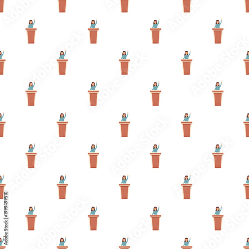 Woman raising hand behind a podium repeating in an illustration pattern