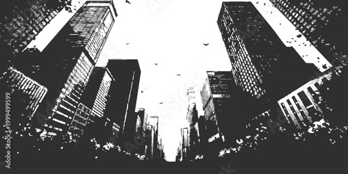 Low angle view of tall city skyscrapers looking up at the sky in black and white
