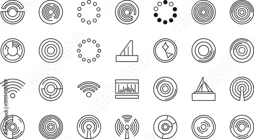 Circular loading indicators display a range of progress bars and connectivity symbols used for digital applications.