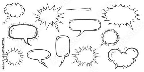Set of hand drawn comic speech bubbles and thought balloons with sketch style lines
