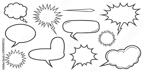 Set of hand drawn comic speech bubbles and thought balloons for dialogue