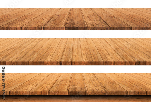 Set of wooden table isolated on white background. Empty shelf with focus to the table top in the foreground