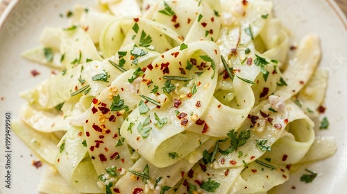 Delicious plate of pasta with herbs and spices on a beige ceramic plate ready to eat