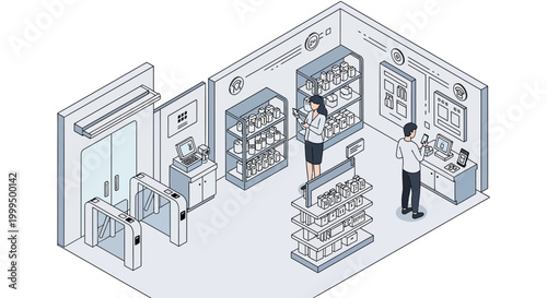 Isometric Smart Retail Store Illustration Featuring Automated Checkout, People Shopping with Mobile Apps, and Contactless Technology Concept