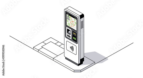 Isometric Vector Illustration of a Modern Digital Self-Service Kiosk with Map Display and Contactless Payment Terminal for Smart City Infrastructure