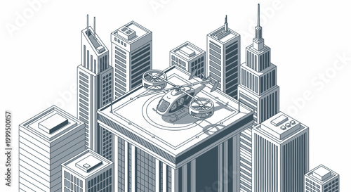 Futuristic Isometric Urban Air Mobility Concept with VTOL Air Taxi on Skyscraper Rooftop Helipad