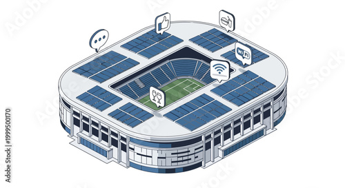 Modern Smart Stadium Isometric Illustration with Solar Panels, WiFi, and IoT Digital Services Icons - Sustainable Green Energy Sports Arena Architecture