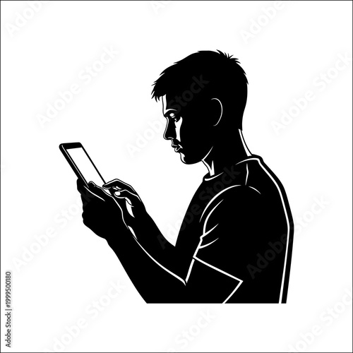 Cuadro en lienzo A black-and-white silhouette of a young man engrossed in using his smartphone, s